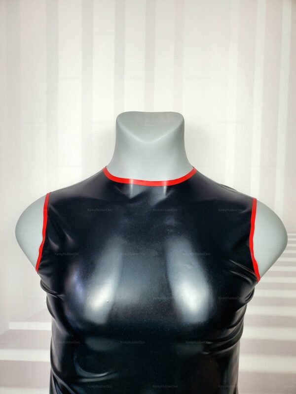 A sleek black latex men's sport top with striking red accents.