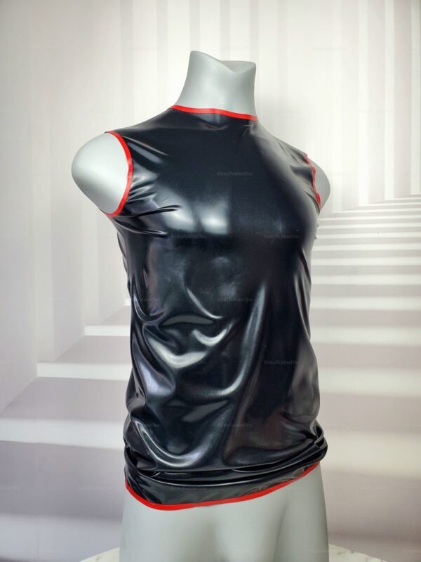 Sleek black latex muscle shirt with striking red trim for a bold fetish fashion statement.