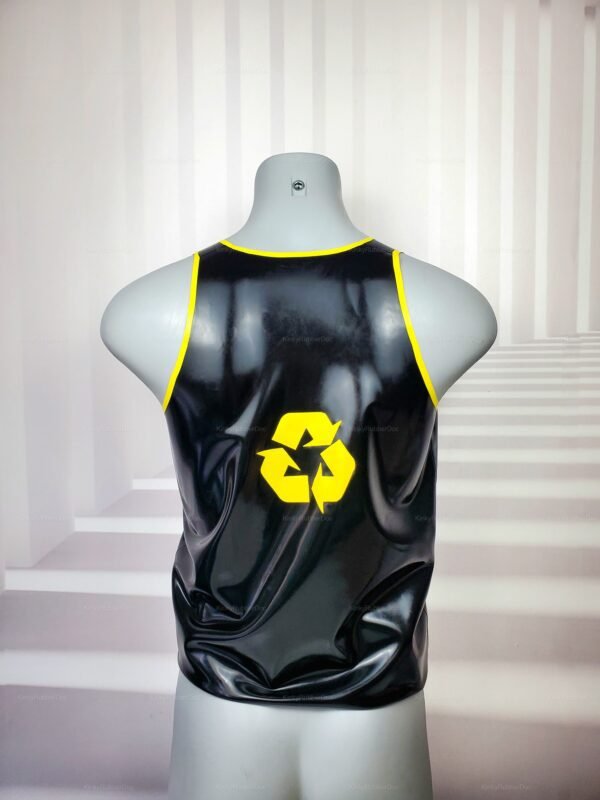 Sleek black latex tank top with yellow trim and a bold yellow symbol on the back.