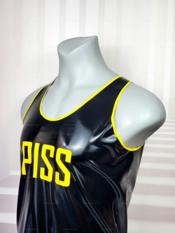 Black latex tank top with bold yellow "PISS" lettering, featuring yellow trim.