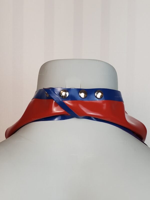 Vibrant red and blue latex bandana with metallic accents for pup play.