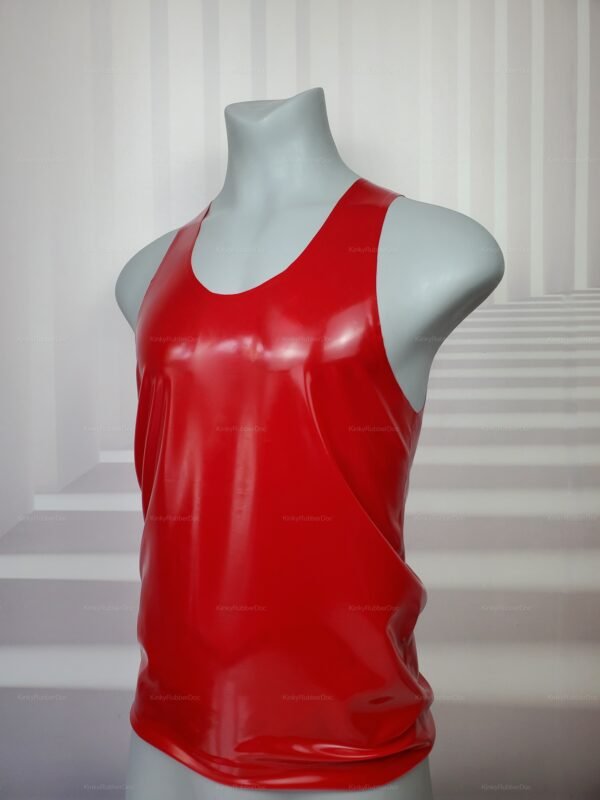 Shiny red latex sleeveless shirt, designed for bold and adventurous styling.