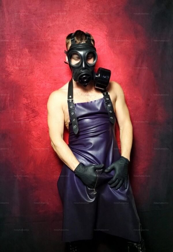 Black latex apron with an access zipper, paired with a matching gas mask and gloves.