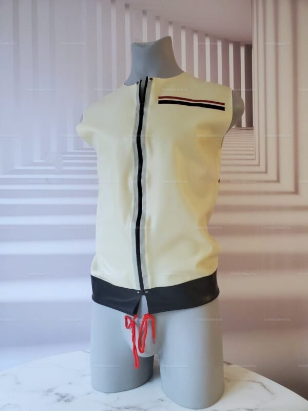 Sleek sleeveless latex rubber jacket with front zipper, black trim, and red accents.