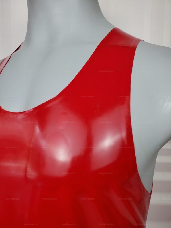 **Alt Text**: Red glossy latex rubber tank top with a smooth, sleek finish for fetish fashion.