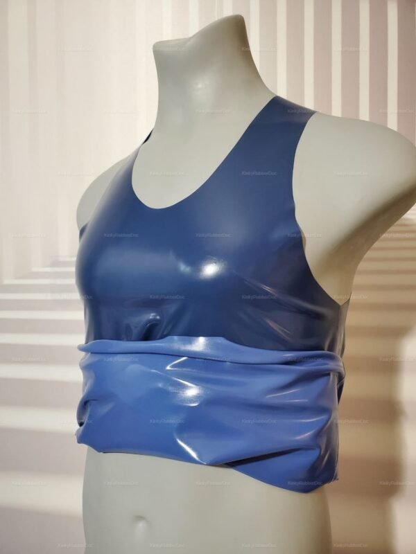 Sleek blue latex rubber vest with a glossy finish designed for a snug fit.
