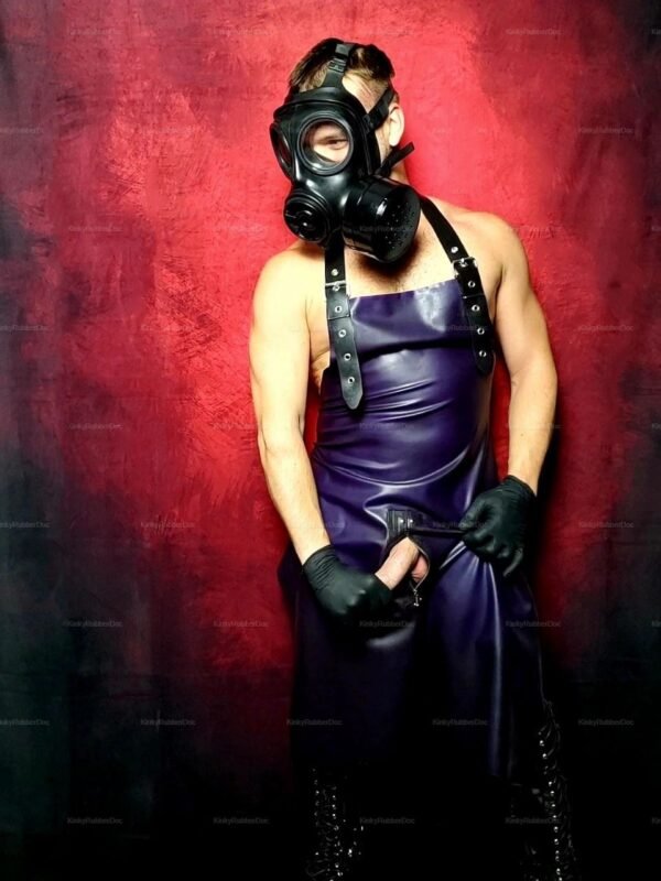 **Alt Text**: Sleek latex apron with front zip and adjustable straps in a deep, sultry shade.