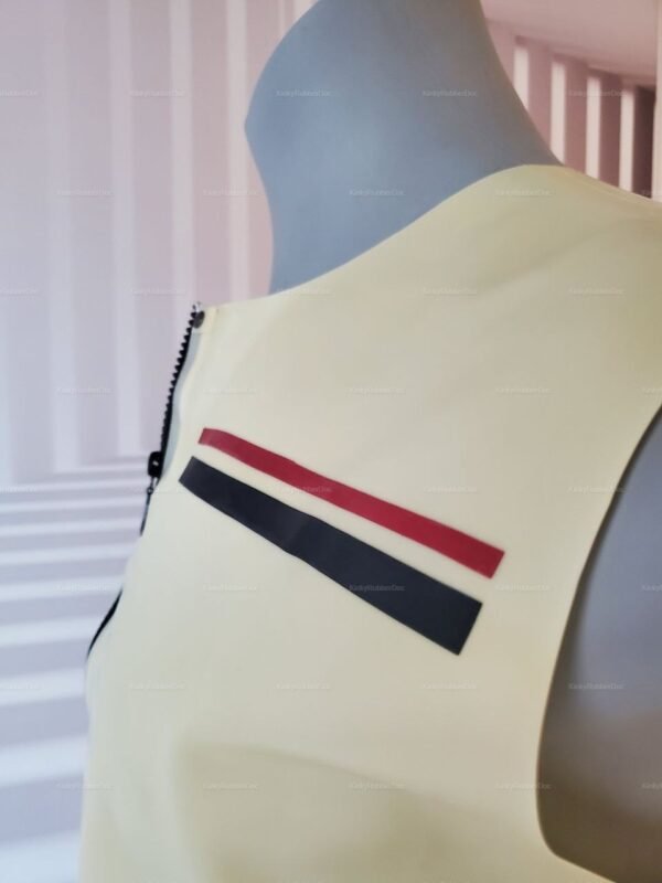 Sleek latex sleeveless jacket with front zipper and bold stripes in black and red.