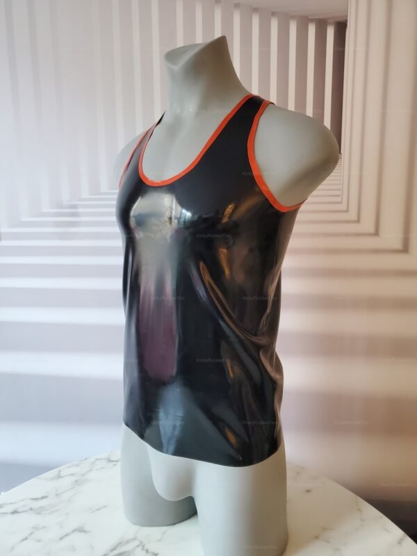 Black latex tank top with orange trim, designed for a bold and edgy style.