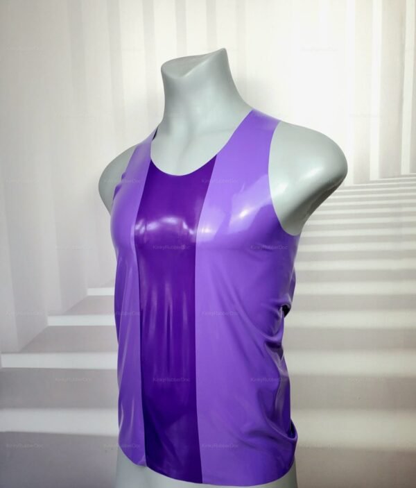 Purple latex stripe tank top with front strap detailing, designed for fetish fashion enthusiasts.