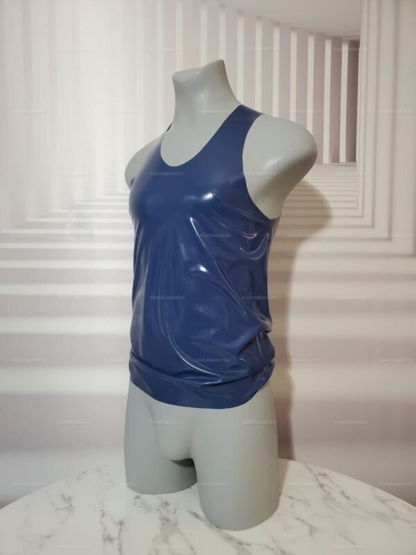 Navy blue latex tank top with a glossy finish and sleek design.