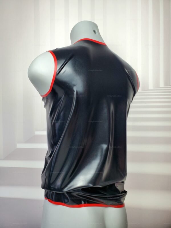 Black latex top with red trim for men, designed for kink and clubwear.