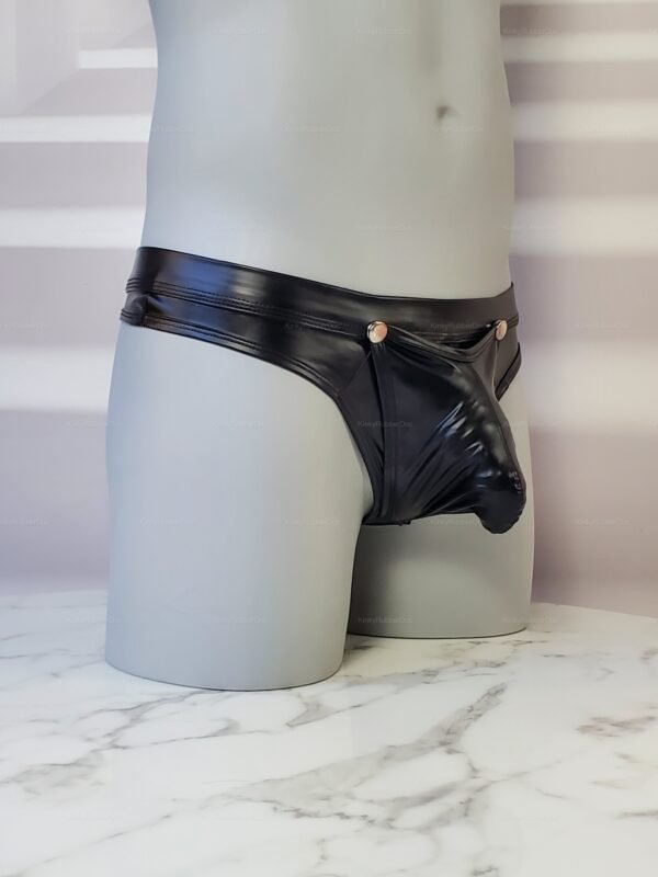 Black faux Leather G-String with snap-front pouch and sleek waistband – front view