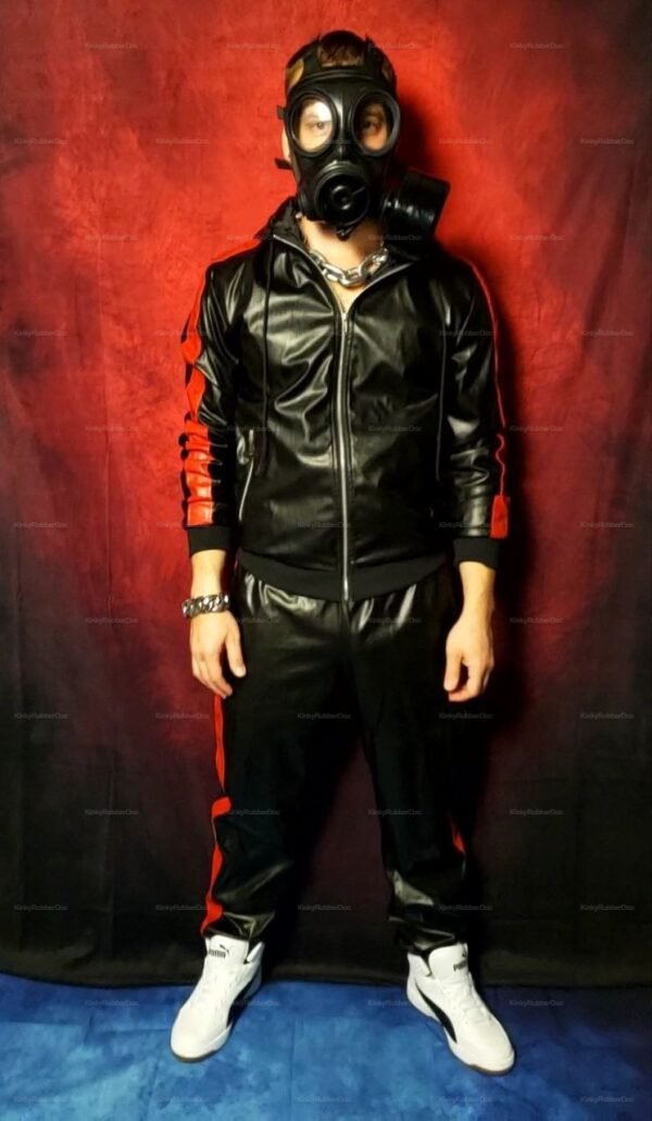 Black and red leather tracksuit with bold accents and a sleek finish.
