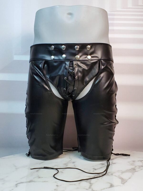 Black faux leather men's chaps with adjustable laces and silver stud details.