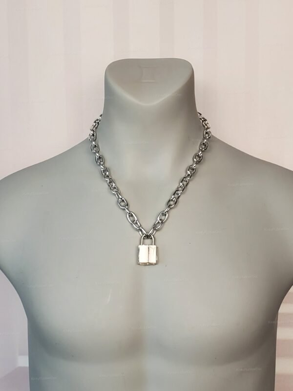 A sleek alloy chain necklace with a small padlock centerpiece.
