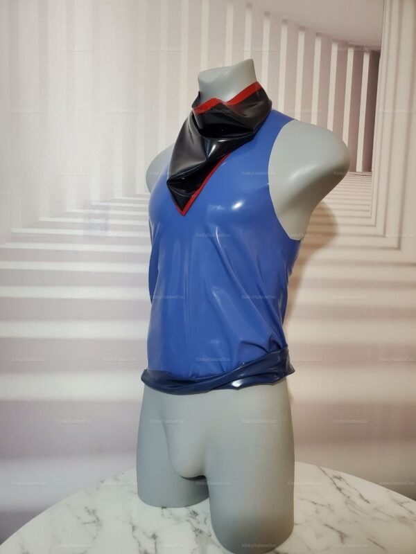 Shiny blue latex tank top with black and red accents.
