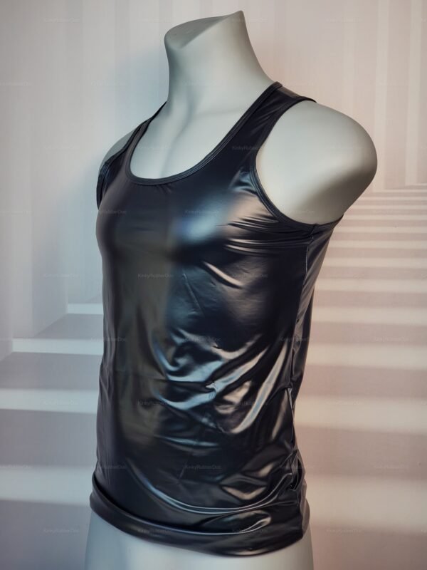 Sleek black faux leather tank top with a glossy finish.