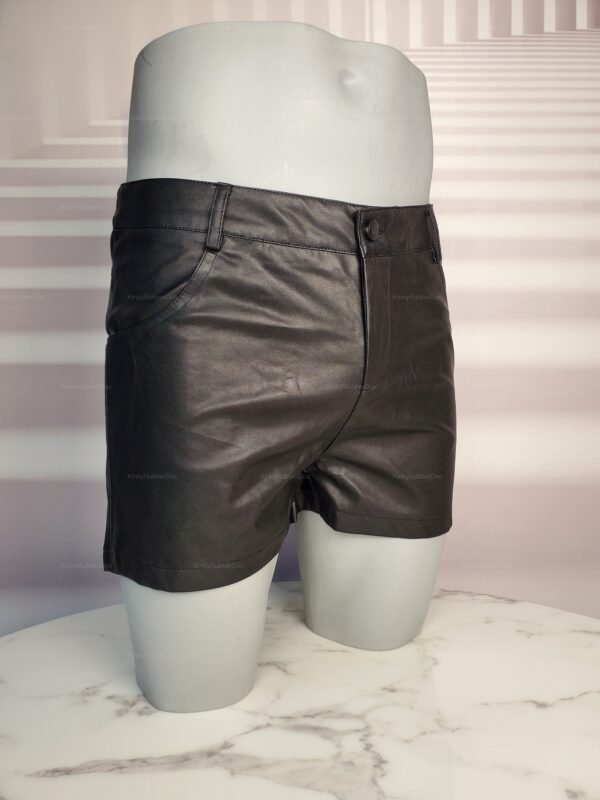 Black faux leather men's shorts with a sleek, edgy design.