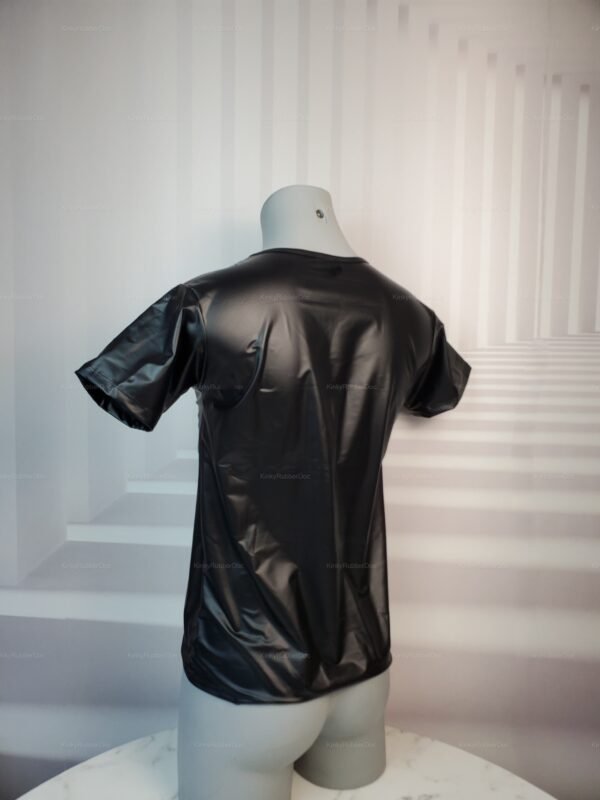 Sleek black faux leather men's t-shirt with a glossy finish.