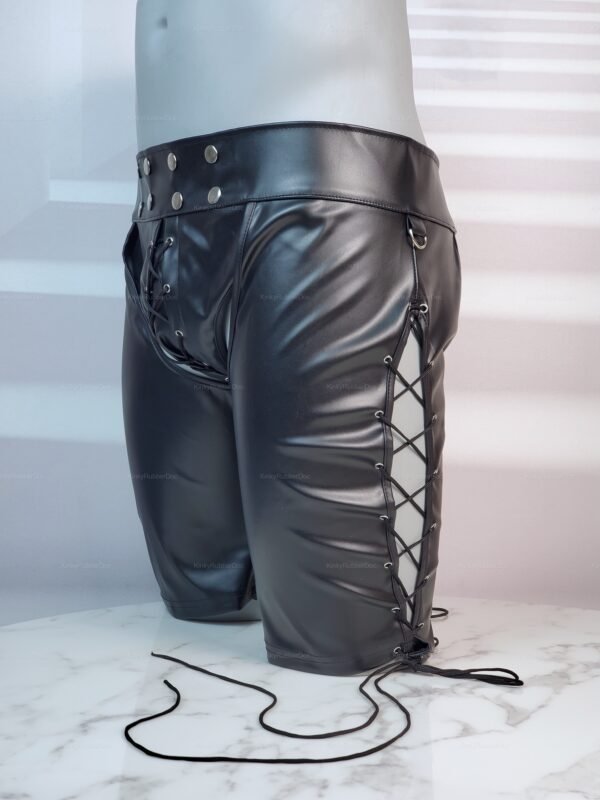 Men's faux leather chap shorts with side lacing detail.