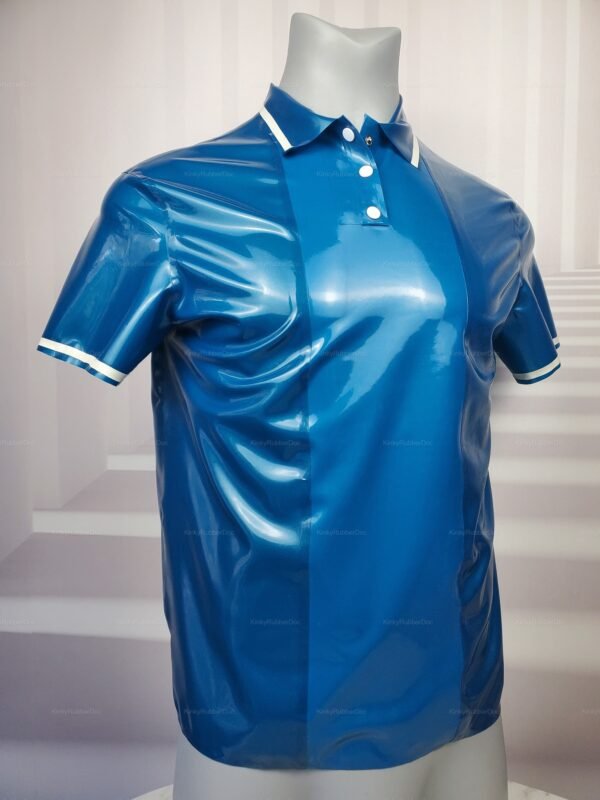 Blue latex polo shirt with contrasting middle stripe and button details.