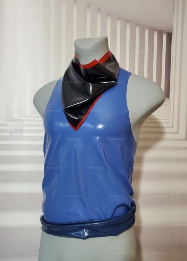 Men's latex top in vibrant blue and black with a red-accented bandana, ideal for fetish fashion enthusiasts.