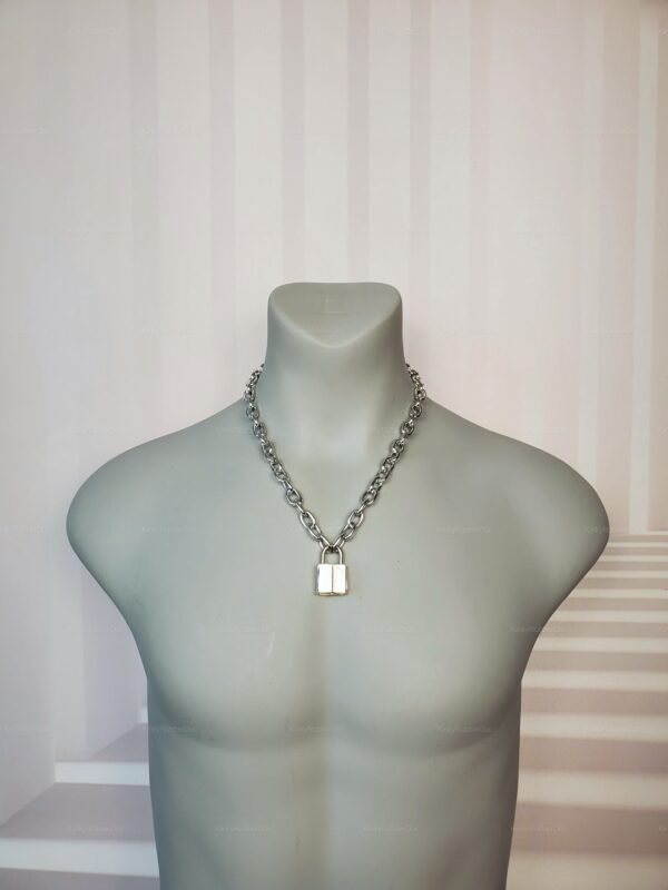 Silver metal chain collar with a lock.