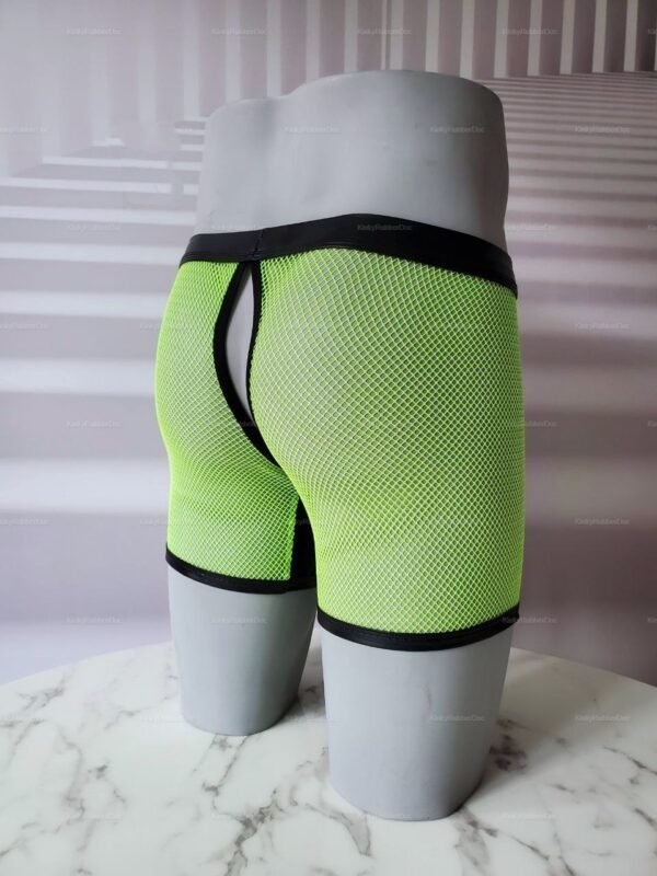 Neon green fishnet shorts with black trim, featuring an open back design.