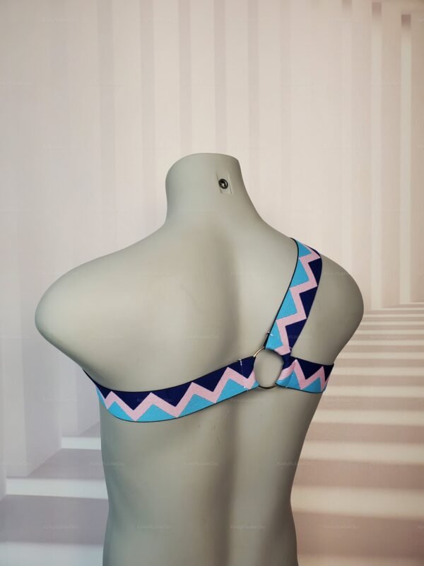 Stylish one-size pride harness featuring vibrant zigzag patterns in pink and blue tones.