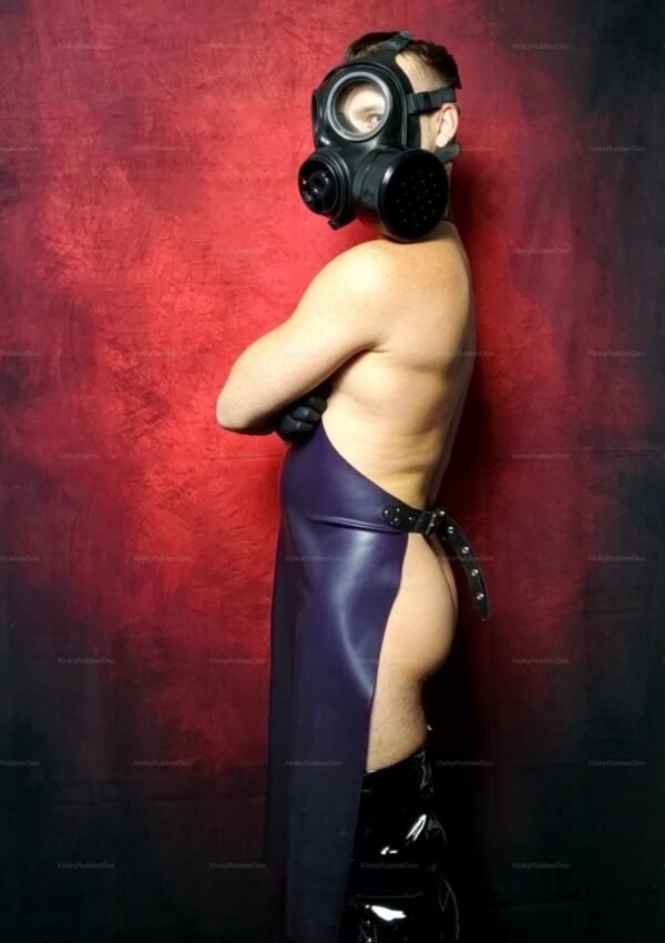 Sleek latex apron with open back and customizable color options.