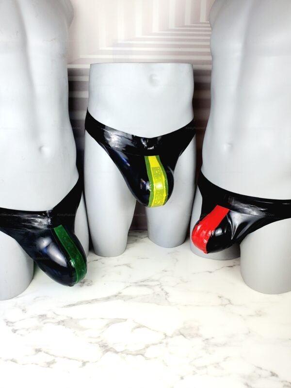 Black and yellow latex jockstrap with oversized bulge design for fetish fashion.