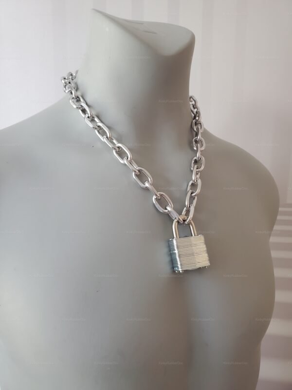 Silver padlock chain necklace with a bold industrial design.