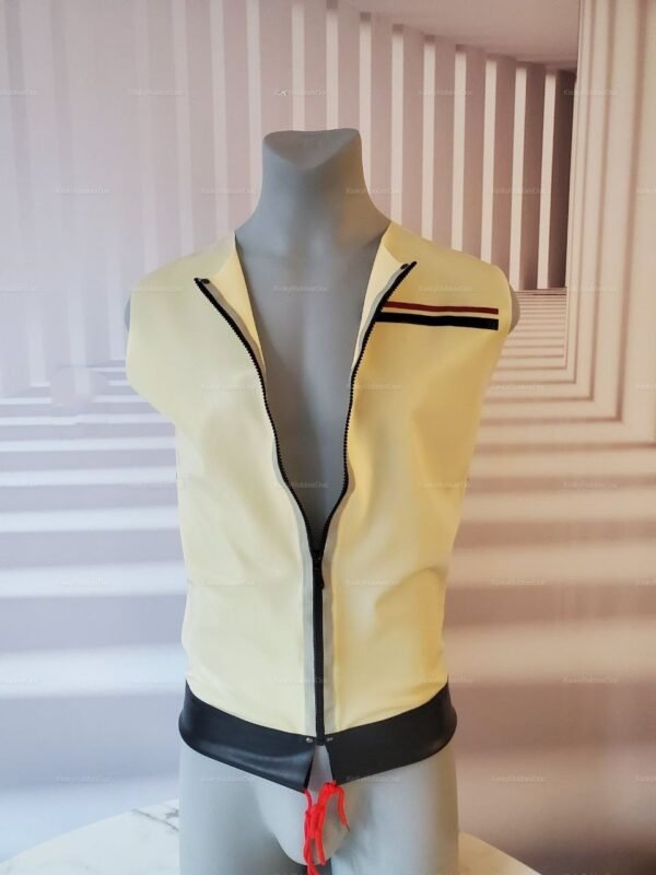 Edgy sleeveless latex vest with front zipper and leather accents, in a bold cream color.