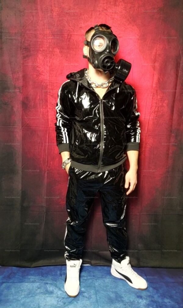 Shiny black latex outfit with gas mask, featuring bold stripes and a sleek design.
