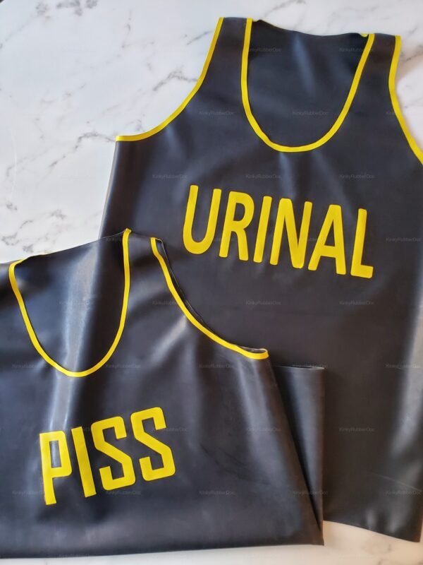Custom-made black Rubber Tank Top with bold yellow lettering, designed for a daring fetish aesthetic.
