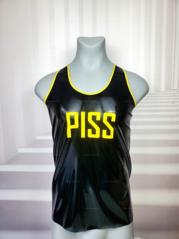 Black latex tank top with bold yellow lettering and trim, designed for a daring and provocative look.