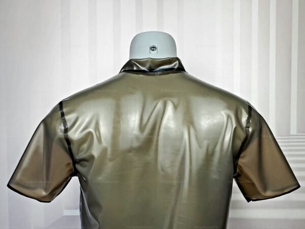Sleek smoky latex shirt with a shiny finish, featuring a classic polo collar and short sleeves.