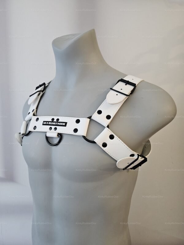 white chest harness with black hardware faux leather kinkyrubberdoc .
