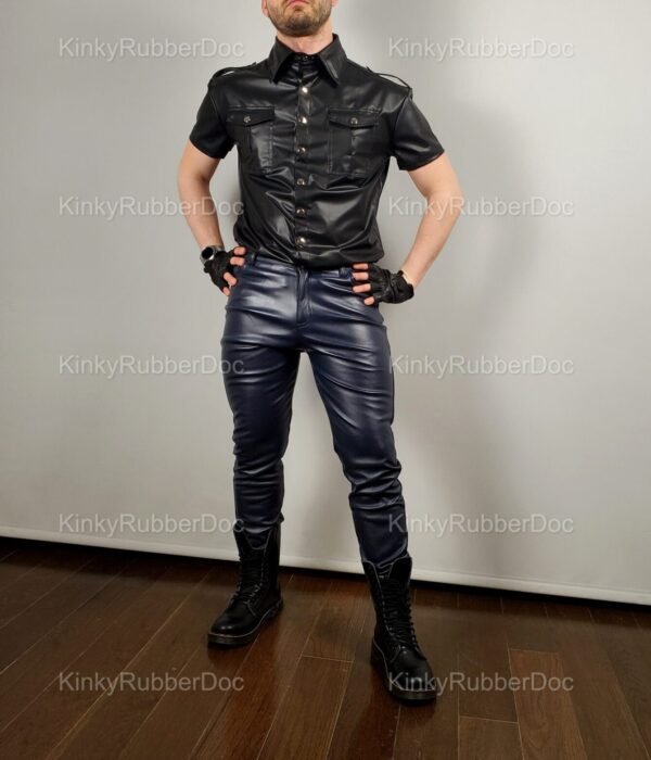 Blue PU leather pants paired with a black leather shirt and boots, exuding a bold and edgy vibe.