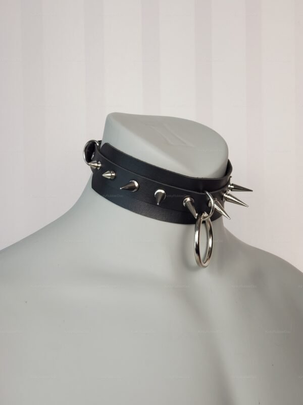 Black faux leather Spiked Collar with silver spikes and O-ring, front view on mannequin neck.