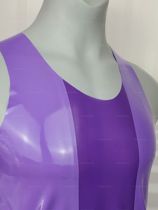 Shiny purple latex tank top with sleek, form-fitting design.