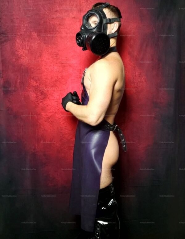 Purple rubber apron with a bold, edgy design, complemented by a gas mask and gloves for a striking fetish look.
