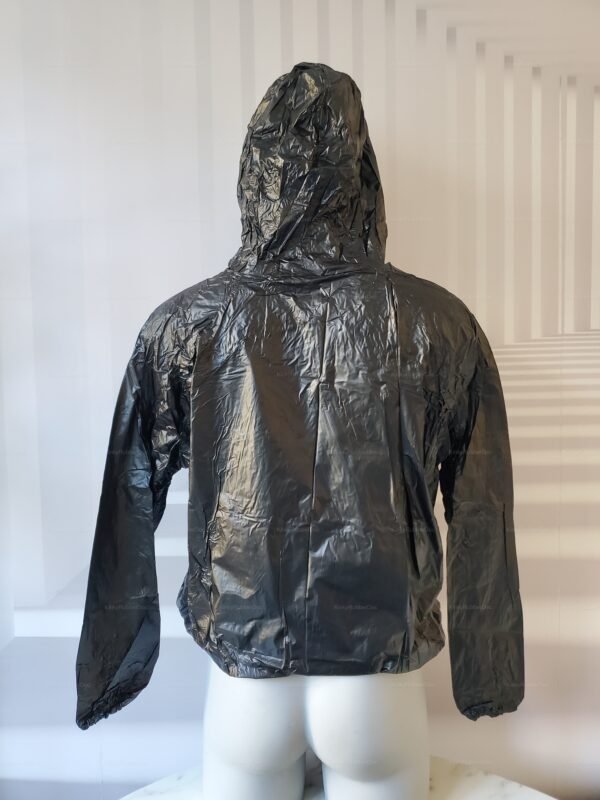 Shiny black PVC hoodie with long sleeves and a hood, offering a sleek, edgy look.