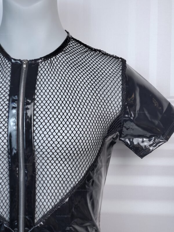 Black PVC and mesh zip-up shirt with short sleeves, featuring a bold and edgy design.