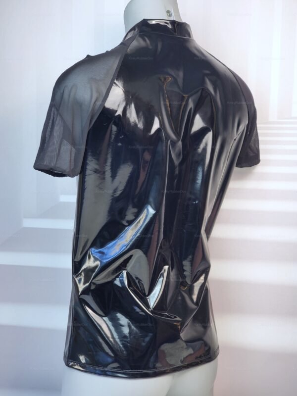 High-gloss black PVC top with sheer mesh sleeves, designed for a bold and edgy look.