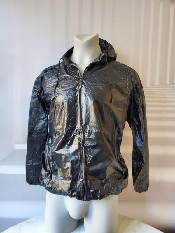 Shiny black PVC Sweat Costume hoodie with zipper front and hood for fetish or sauna wear