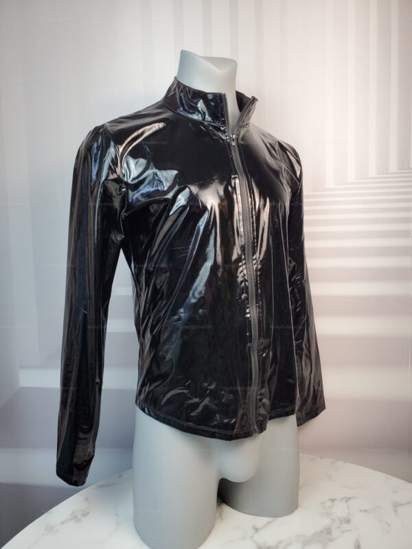 Sleek black PVC wet-look jacket with front zipper and high collar.