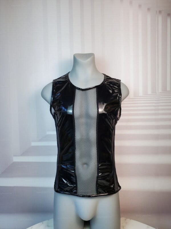 PVC wet-look sleeveless shirt with mesh panel.