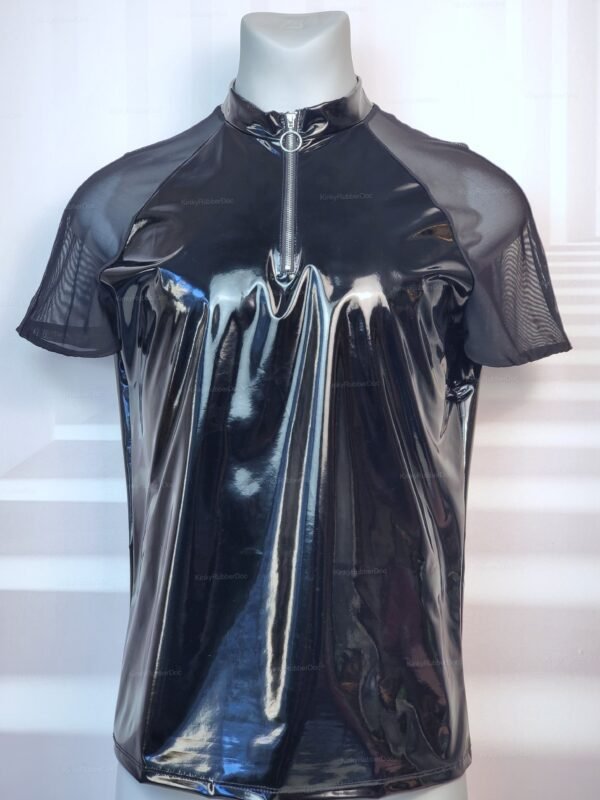 Glossy black PVC high-neck zipper shirt with short sleeves.